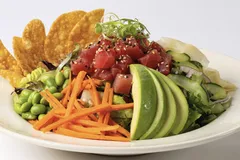 Ahi tuna poke bowl with mixed greens