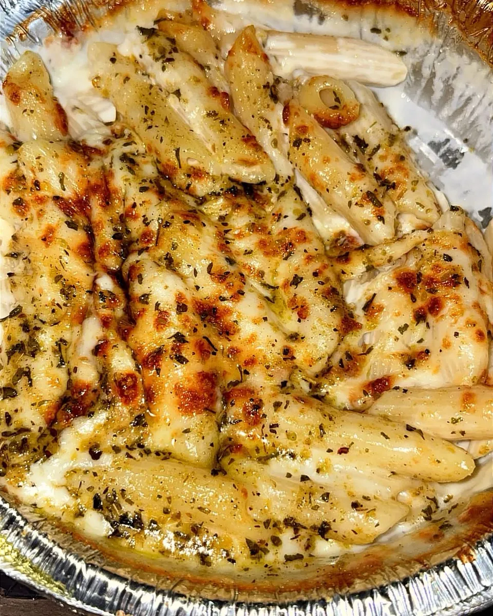 Oven-backed cheesy alfredo pasta