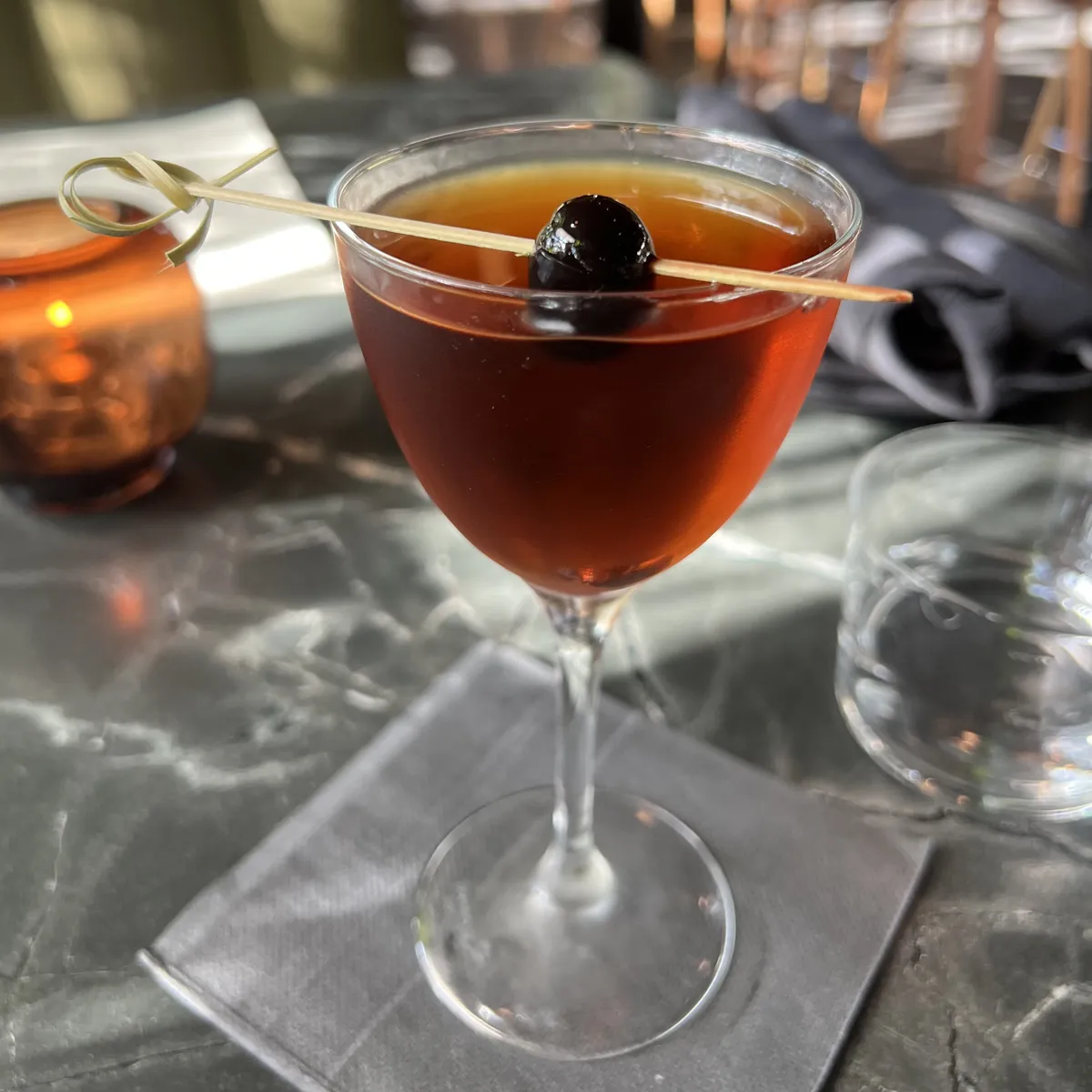 Rye. sweet vermouth. amaro. apricot. walnut bitters